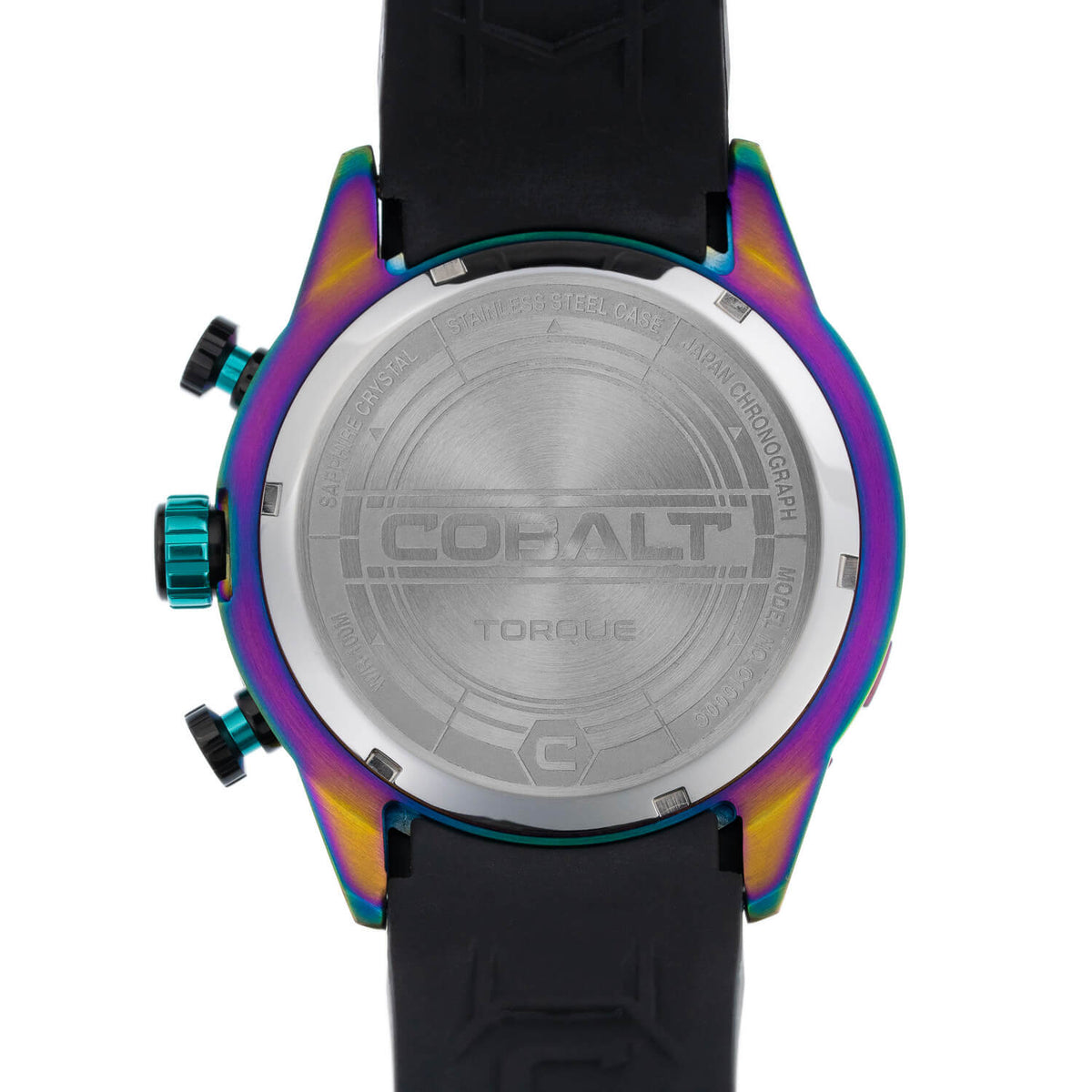 Cobalt Torque - Iridescent-Black watch case back, featuring the stainless steel construction, engraved model name, and water-resistant design built for sport and adventure.