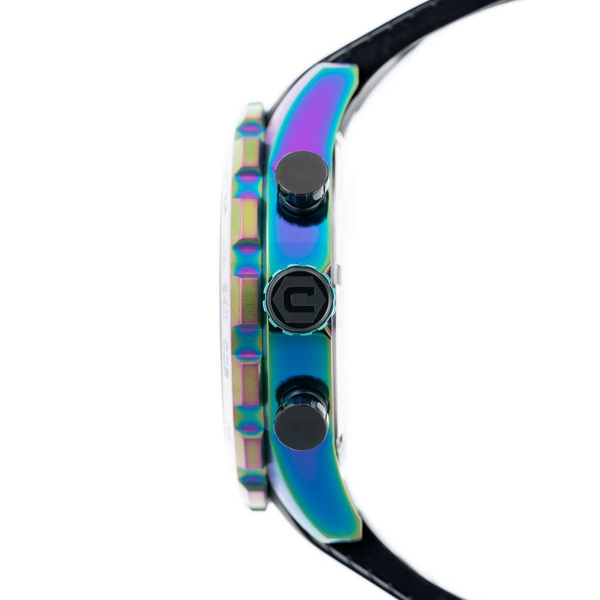 Cobalt Torque - Iridescent-Black sport watch side profile, showcasing its robust stainless steel case, contoured design for a comfortable fit, and precision-engineered details.