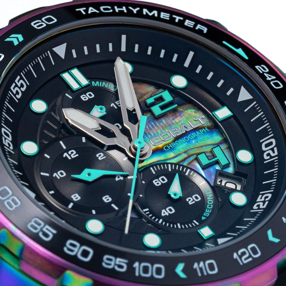 Iridescent-Black dial, showcasing its bold design, detailed chronograph subdials, and vibrant color contrast.