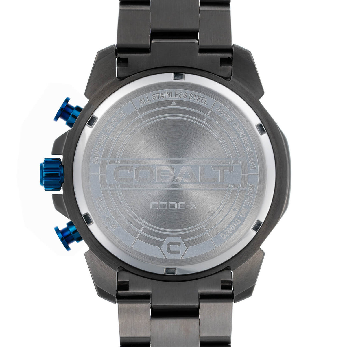 Cobalt Code-X case back with engraved model name, stainless steel build, and water resistance for sport and adventure.