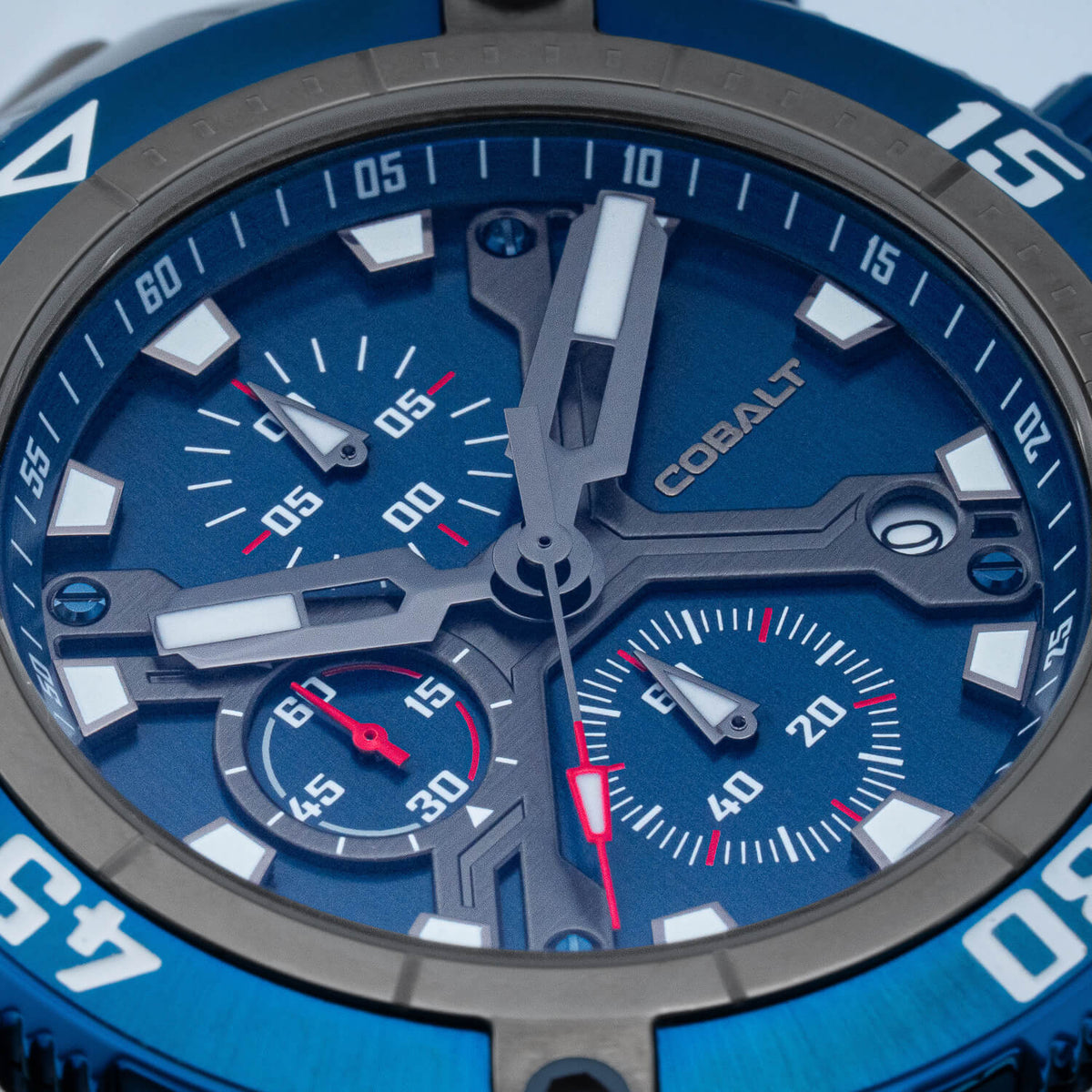 Close-Up – Detailed close-up of Cobalt Code-X - Gun Metal Gray and Blue dial, showcasing chronograph subdials, blue accents, and bold design.
