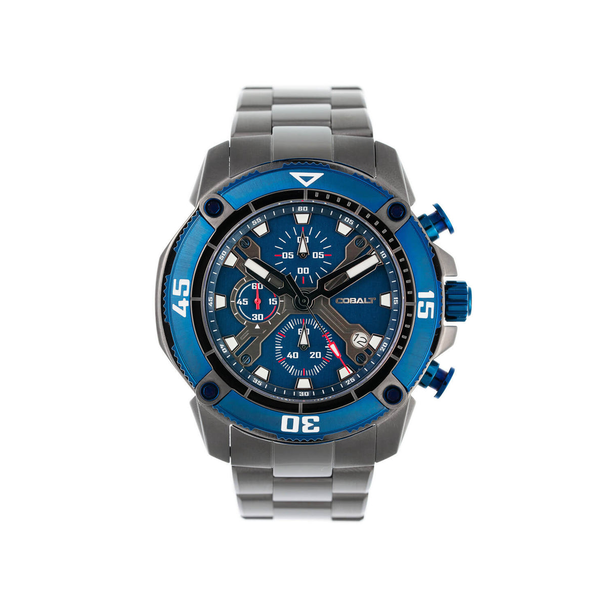 Cobalt Code-X - Gun Metal Gray and Blue men’s chronograph watch with sapphire crystal, stainless steel case, and accurate quartz movement. Durable and sport-ready.