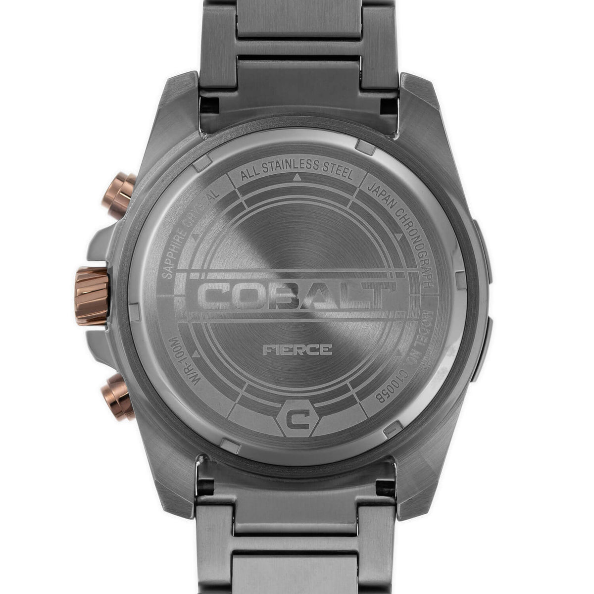 Cobalt Fierce case back with engraved model name, durable stainless steel construction, and water resistance for all conditions.