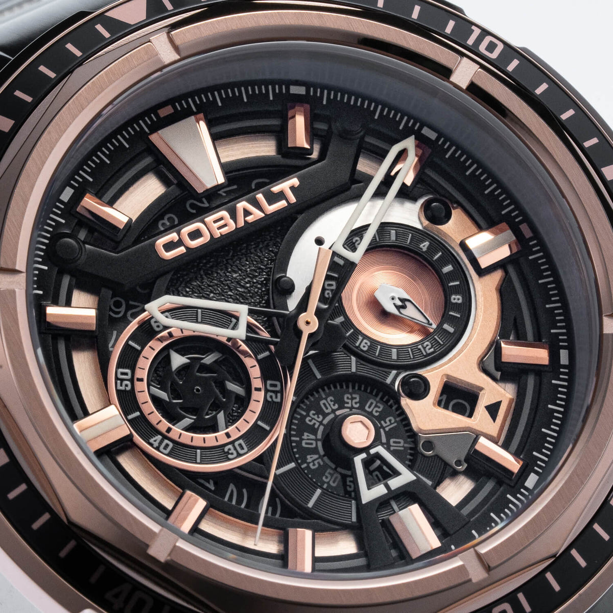 Close-Up – Zoomed-in view of Cobalt Fierce - Rose Gold and Silver dial, showcasing intricate chronograph subdials, rose gold accents, and precision craftsmanship.