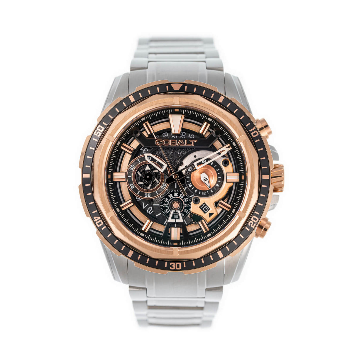 Cobalt Fierce - Rose Gold and Silver men’s chronograph watch with sapphire crystal, heavy-duty stainless steel case, and intricate design with full chronograph functionality.