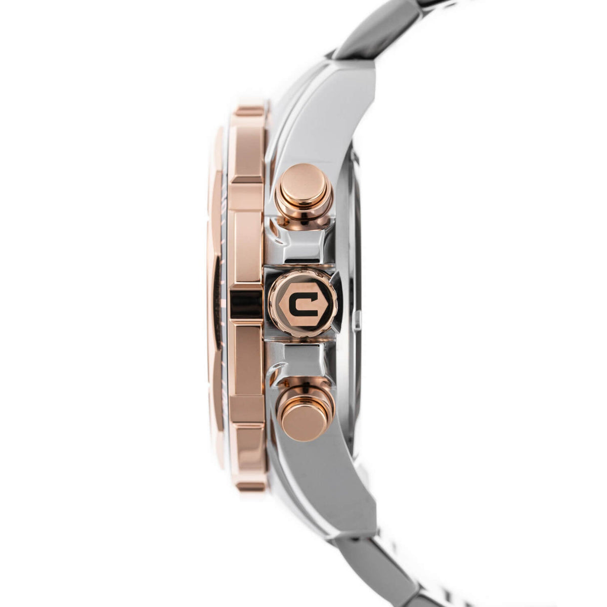 Cobalt Fierce - Rose Gold and Silver side profile showing thick stainless steel case, hand-etched crown, and textured pushers made for precision.